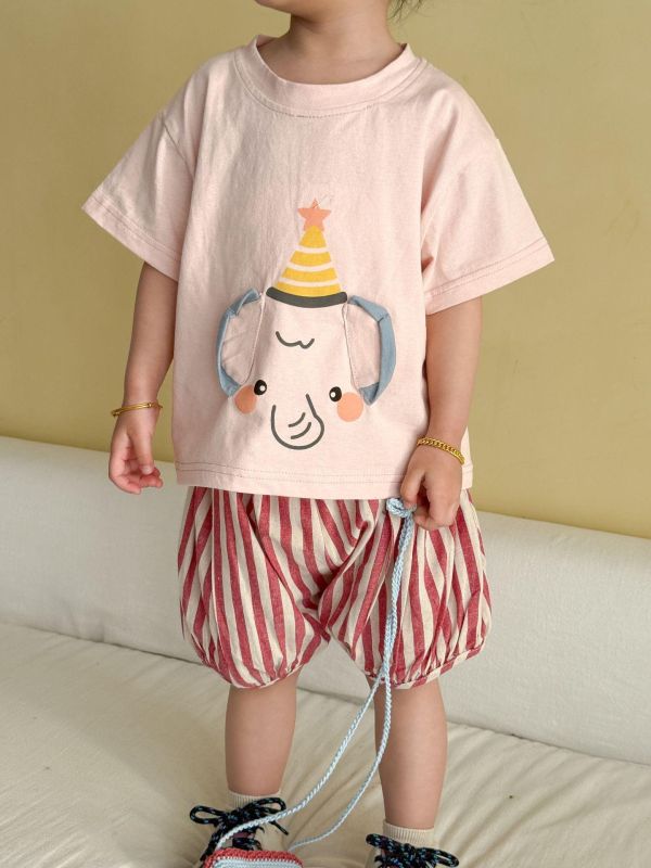 生日帽可愛大象上衣+豎條紋短褲套裝 