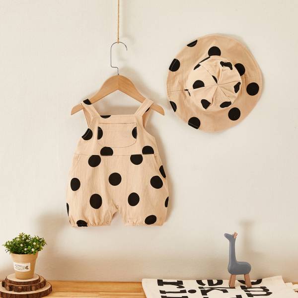 棉麻大波點點吊帶褲(含帽) 