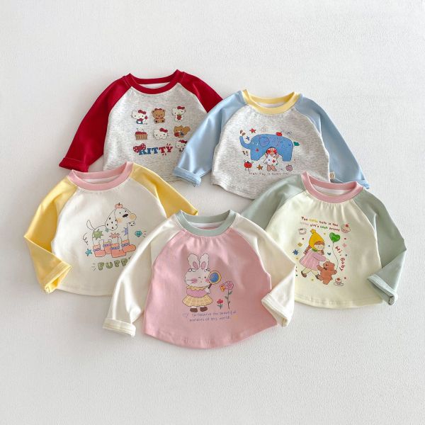 撞色拚袖可愛印花春秋上衣 