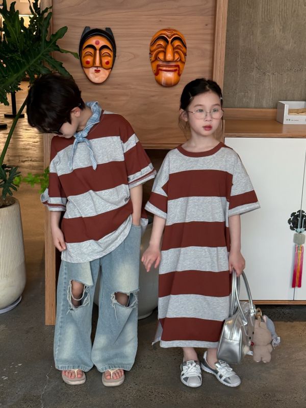 男女童寬版條紋上衣/連身裙 