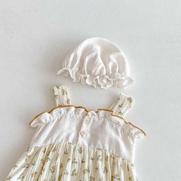 田園風碎花背帶鬆緊包屁衣+帽 