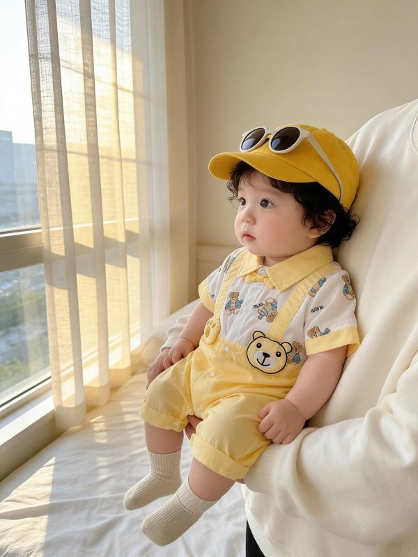 假兩件翻領小熊吊帶連身裝 