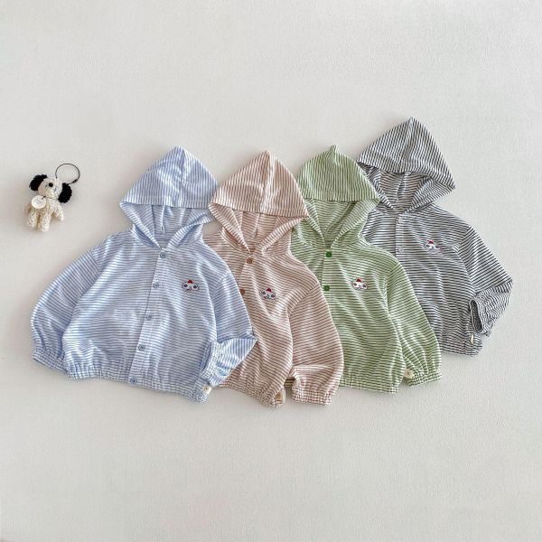 素色條紋大象布標連帽薄外套 