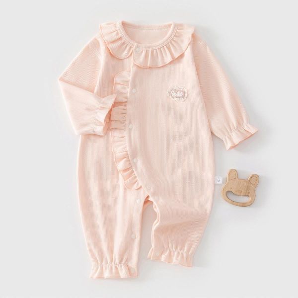 新生兒素色螺紋木耳領/蕾絲領連身裝(3色) 