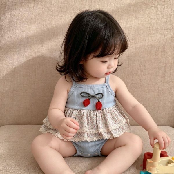 螺紋坑條鬱金香雙層蕾絲包屁衣 