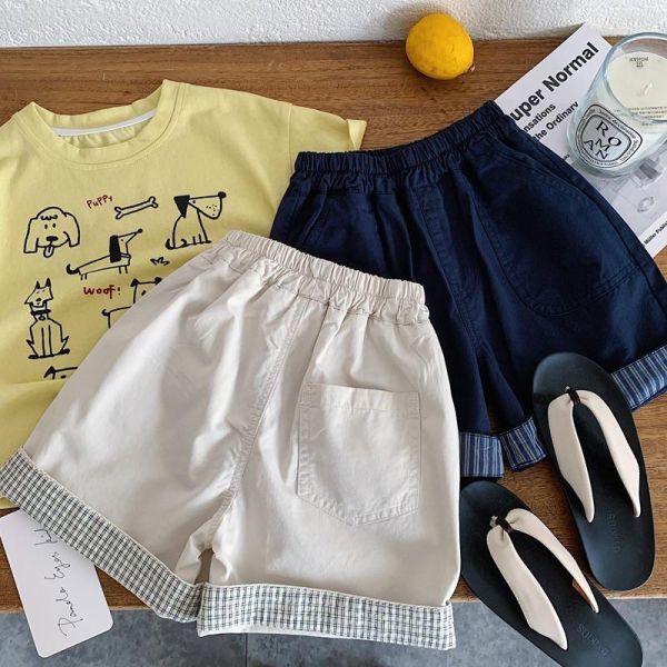 反摺紋紋/條紋素色短褲 