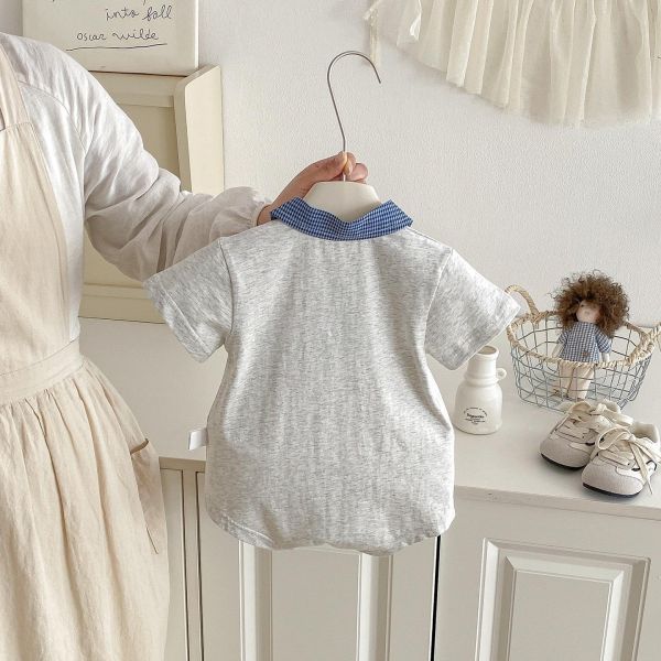 格子翻領狗狗單口袋包屁衣 