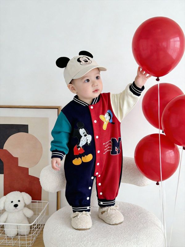 米奇唐老鴨亮眼撞色開釦連身裝 