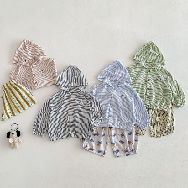 素色條紋大象布標連帽薄外套 