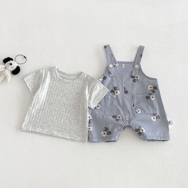 螺紋素上衣+狗狗吊帶短褲套裝 