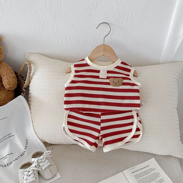 華夫格條紋小熊布標背心套裝 