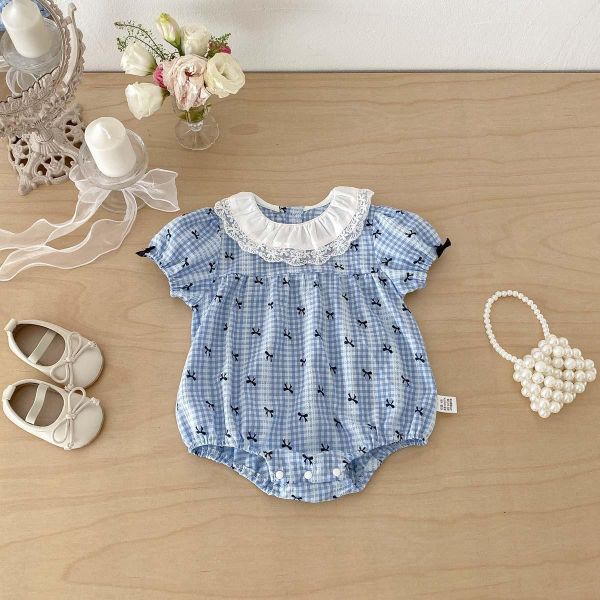 蝴蝶結格紋蕾絲花邊領包屁衣 