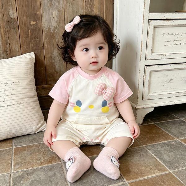 立體蝴蝶結可愛貓咪印花拼袖連身裝 