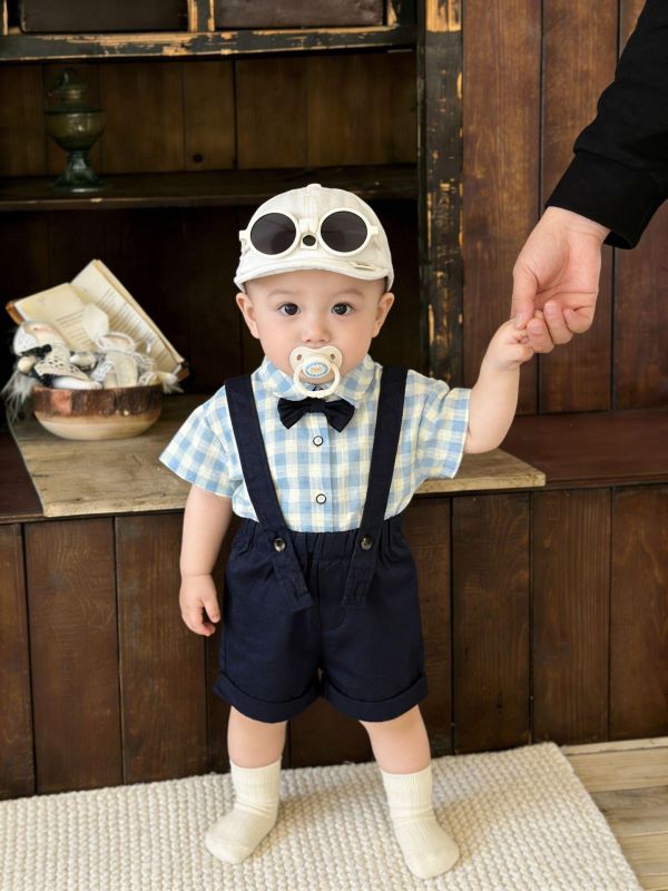 紳士領結條紋/格紋襯衫+吊帶短褲套裝 