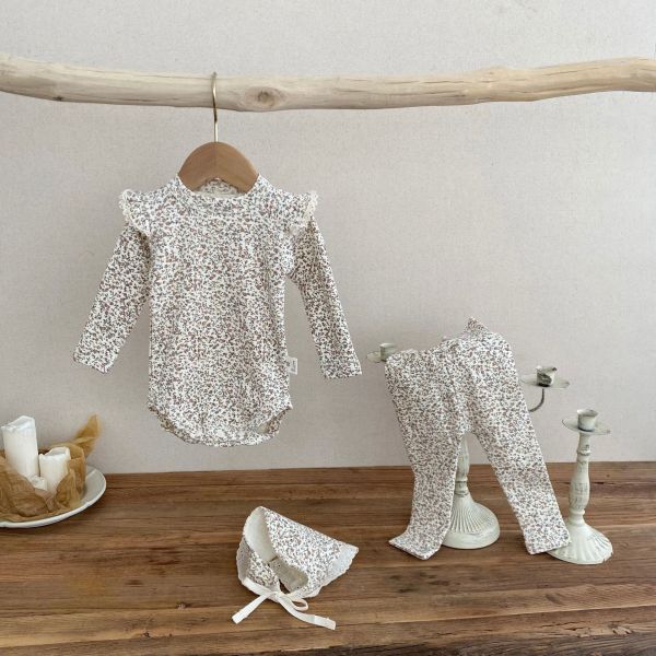 滿印碎花飛袖包屁衣+長褲+帽三件套裝 