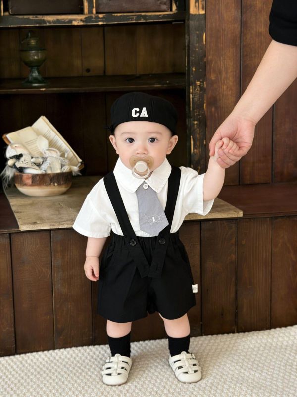 可拆式大象領帶襯衫+西裝吊帶短褲套裝 