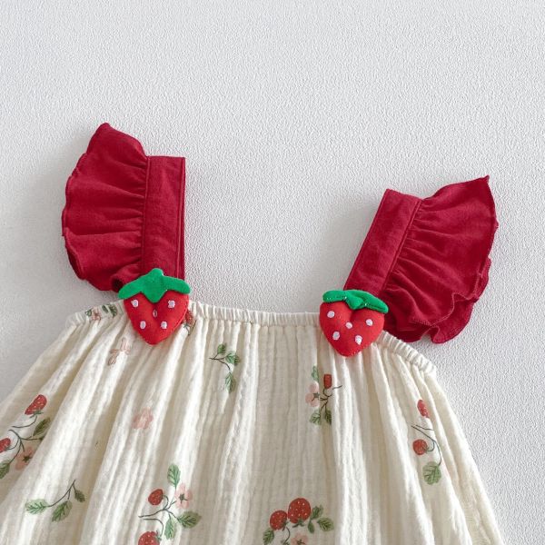 可愛草莓抓皺棉背帶包屁衣 