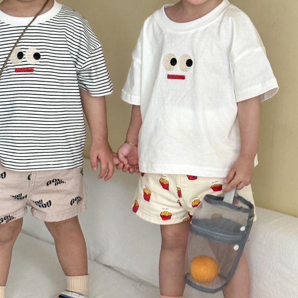 可愛表情貼布簡約素色/條紋上衣 