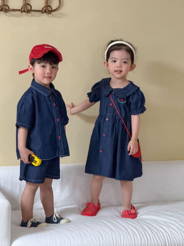 男女童笑臉牛仔襯衫布套裝/洋裝 