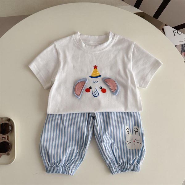 立體大象/汽車上衣+條紋長褲套裝 