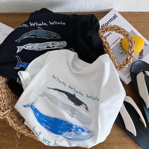 海洋動物鯨魚印花素色上衣 