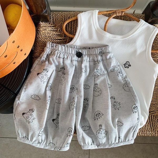 太空星球塗鴉素色五分短褲 