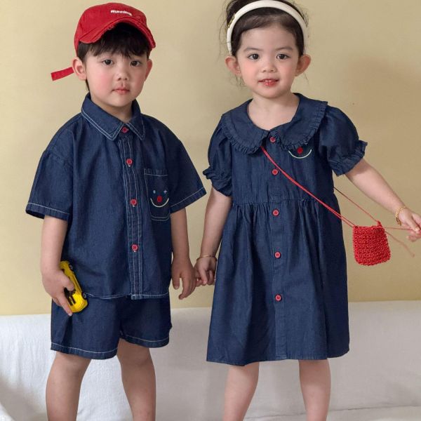 男女童笑臉牛仔襯衫布套裝/洋裝 