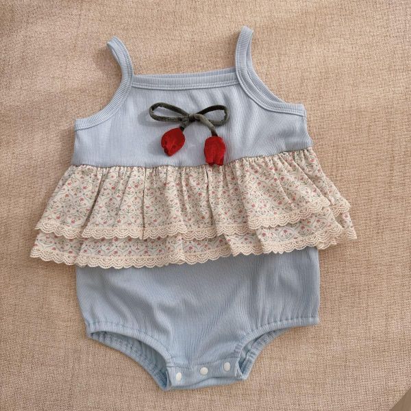 螺紋坑條鬱金香雙層蕾絲包屁衣 