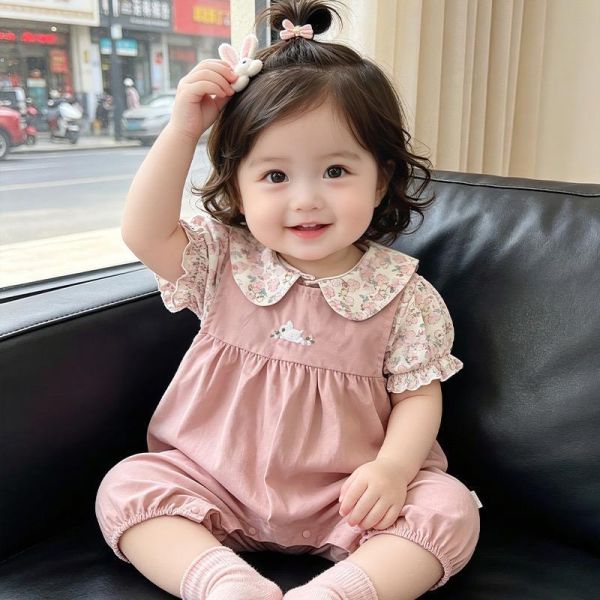 碎花兔耳上衣+粉嫩兔子連身褲套裝 