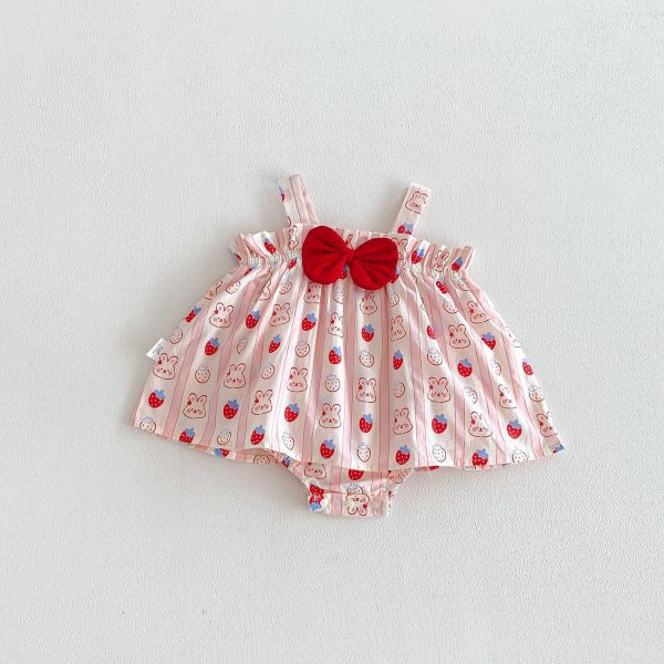 可愛蝴蝶結兔子印花背帶包屁裙 