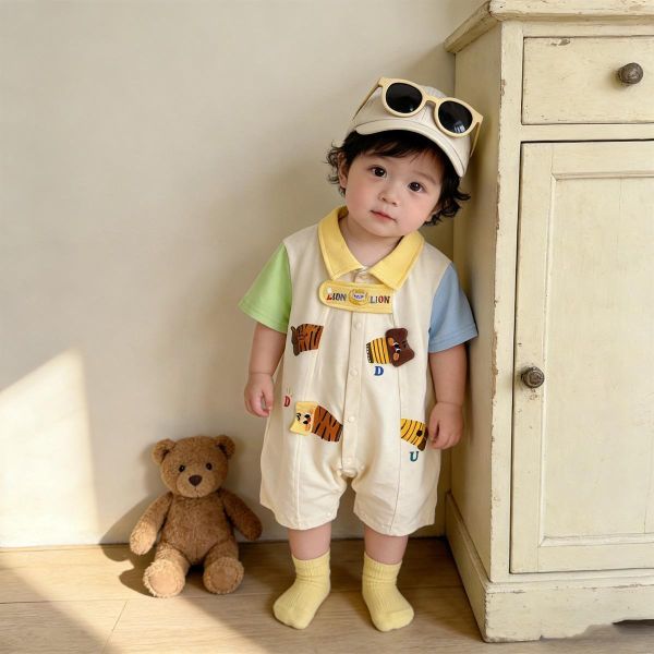 撞色翻領拼袖娃娃小獅子連身裝 