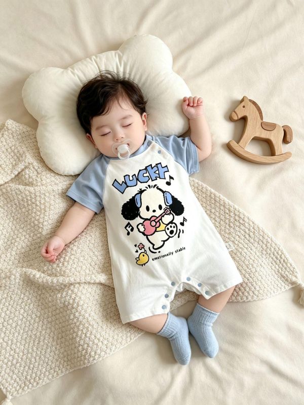 拼袖可愛長耳狗狗印花連身裝(贈襪) 