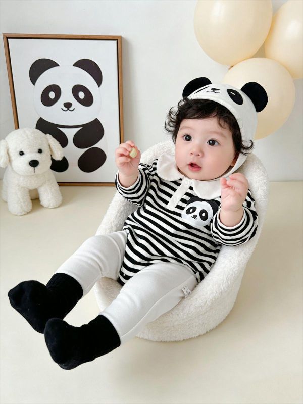 可愛娃娃領貓熊條紋包屁衣/打底褲 