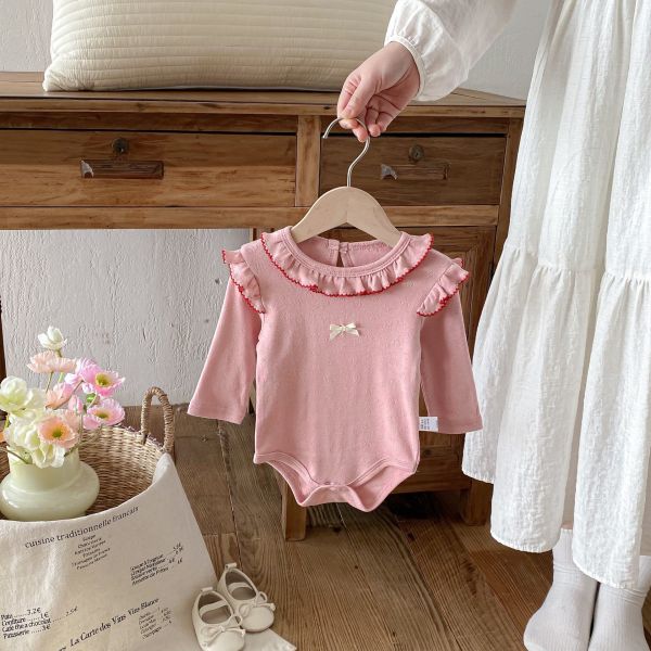 荷葉領甜美素色彈力純棉包屁衣 