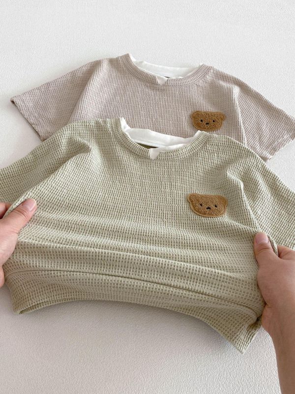 假兩件小熊華夫格上衣+短褲套裝 