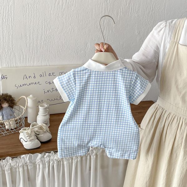 撞色翻領格紋連身裝 