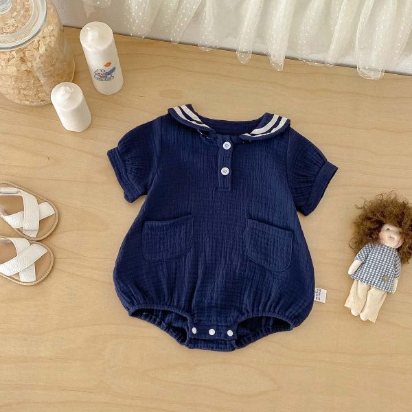 海軍風翻領棉麻雙扣包屁衣 