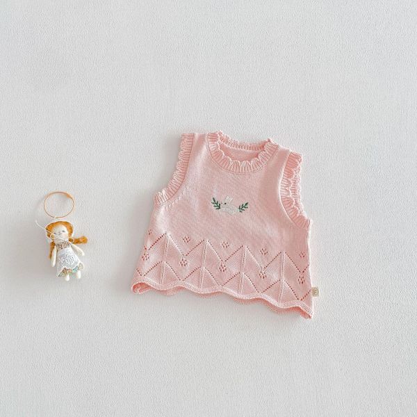 早春兔子/小熊刺繡花邊背心 