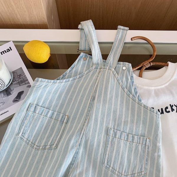 刷舊豎條紋水洗牛仔吊帶褲 