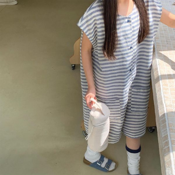 休閒慵懶條紋字母開釦連身裝(2色) 