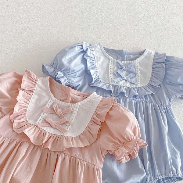 方領荷葉蝴蝶結澎袖包屁衣 