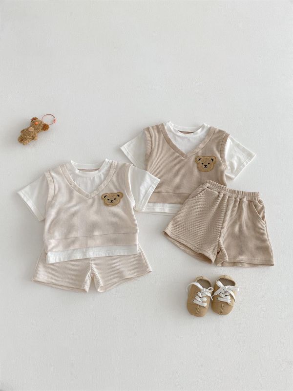 假兩件式華夫格小熊上衣+短褲套裝 