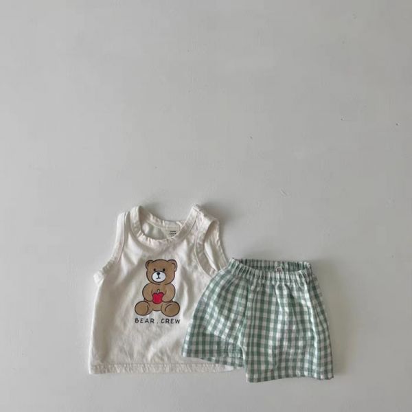 小熊蘋果背心+格子短褲套裝 