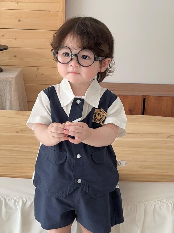 學院風假兩件上衣襯衫+短褲套裝 