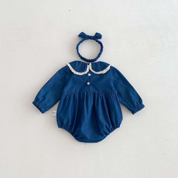 娃娃領蕾絲牛仔包屁衣(含髮帶) 