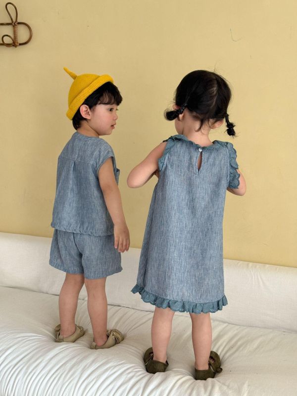 男女童刷舊水洗紋套裝/連身裙 