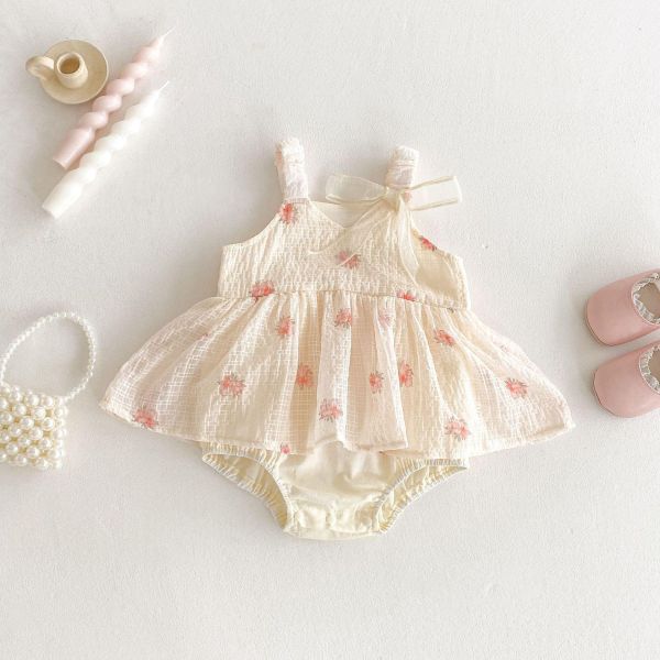 甜美小花抓皺棉背帶包屁裙 