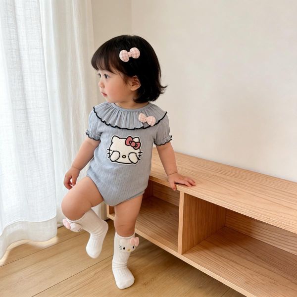 荷葉領貓咪貼布彈力包屁衣 