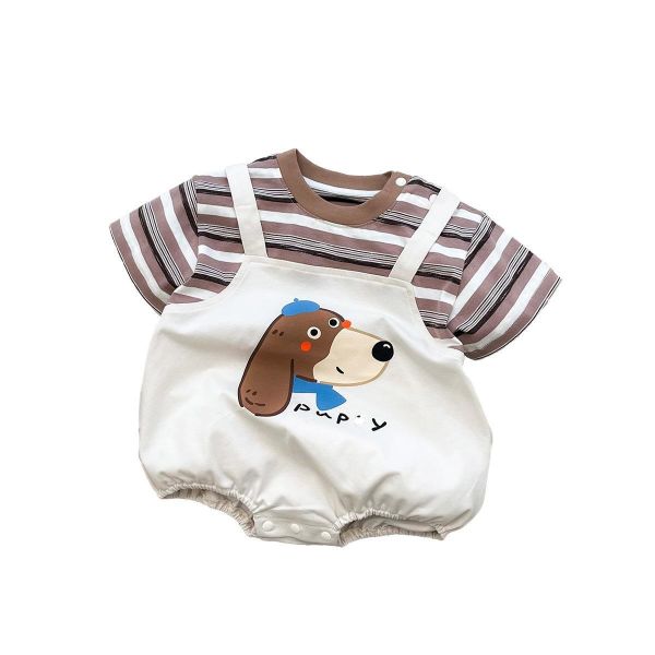 假兩件狗狗條紋吊帶包屁衣 