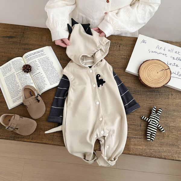 條紋上衣/恐龍造型連帽連身裝 